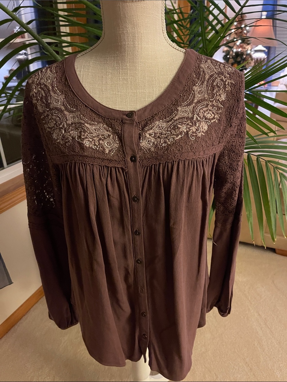 Knox Rose Brown Embroidered Button-Down Blouse
